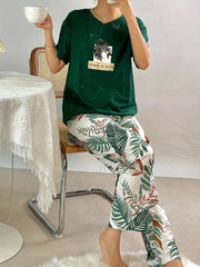 Bottle Green Leaf Print Half Sleeves T-shirt With Printed Pajama Suit