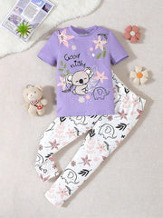Lilac Good Night Floral Bear Printed Half Sleeves T-shirt with Floral Printed Pajama Kids Suits (KO-625)
