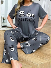Grey Panda Printed Half Sleeves Night Suit