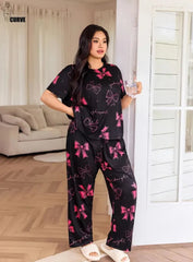 Black All over Bow Printed Half Sleeves T-shirt With Panda Printed Night Suit