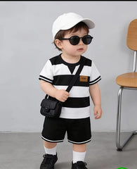 Back White lining Half Sleeves T-shirt with Black white Strips Shorts Kids Suits