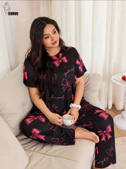 Black All over Bow Printed Half Sleeves T-shirt With Panda Printed Night Suit