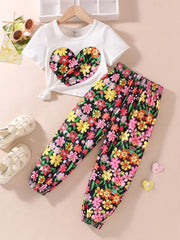 White Flower Heart Printed Half Sleeves Kids Suit