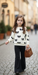 White with Black Bow Printed Kids Track Suit