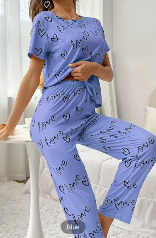 Sky Blue Love Heart Print Half Sleeves Shirt With Printed Trouser (KO-NS-004)