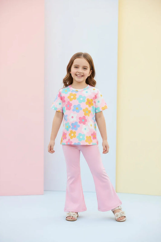 Baby Pink Multi Flower Printed Half Sleeves Kids Suit