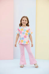 Baby Pink Multi Flower Printed Half Sleeves Kids Suit