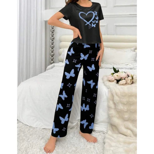 Black With Blue Butterflies Heart Printed T-shirt And Butterflies Printed Trouser Suit (KO-NS-480)