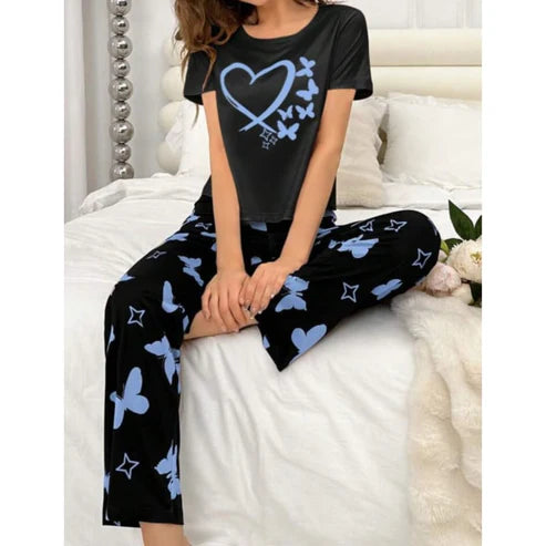 Black With Blue Butterflies Heart Printed T-shirt And Butterflies Printed Trouser Suit (KO-NS-480)