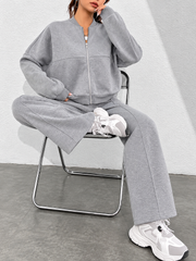 Light Grey Zipper Fleece Wide Leg Track Suit