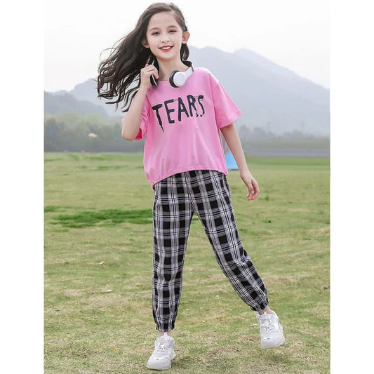 Pink Tears Print Half Sleeves Shirt With Check Printed Trouser Suit for Kids (KO-KNS-469)