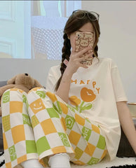 Off White Happy Flower Printed Half Sleeves Night Suit