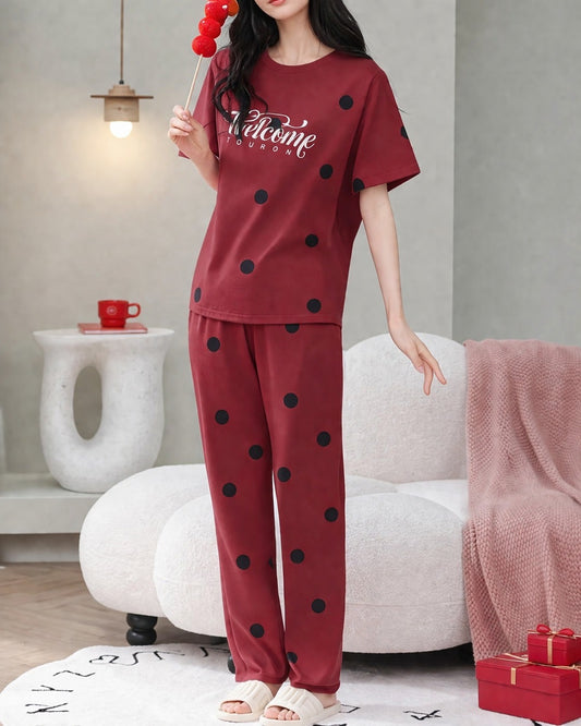 Maroon Welcome Printed Half Sleeves Printed Pjs