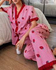 Baby Pink Strawberries with Lining Printed Half Sleeves V-Neck Button PJ Set
