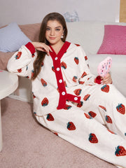 Off White With Red Strawberries Printed V Neck Button Pjs