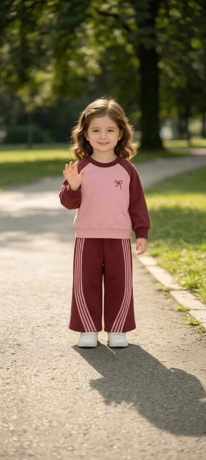 Maroon And Pink Sweat Shirt With Pink Stripes Kids Track Suit