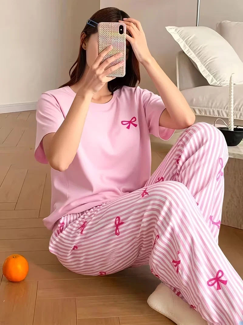 Pink Bow with Stripe Printed Half Sleeves Night Suit