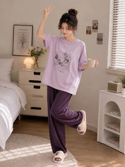 Pink Maroon Floral Girl Graphic Printed Half Sleeves Night Suit