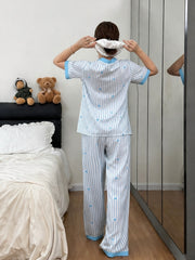 Sky Blue All Over Hearts with Lining Printed Half Sleeves V-Neck Button PJ Set