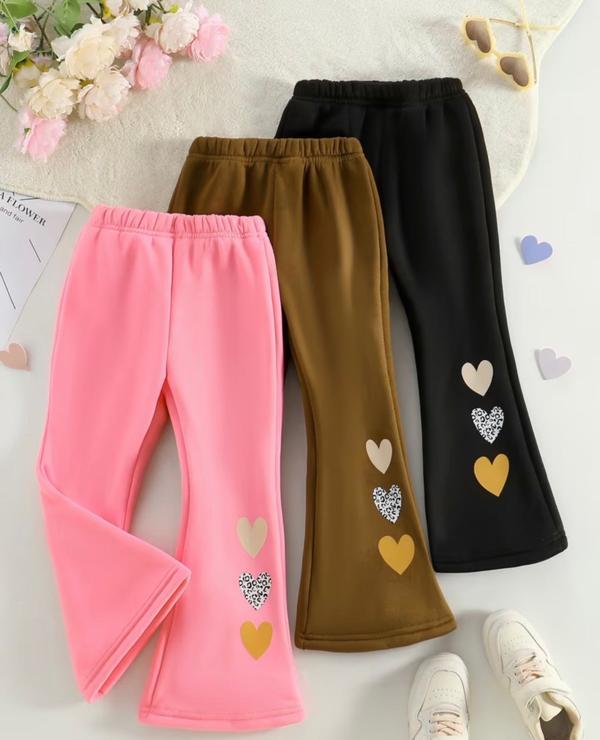 Pack of Three Multi colours Heart Printed Kids Fleece Trousers (Pink/Brown/Black)