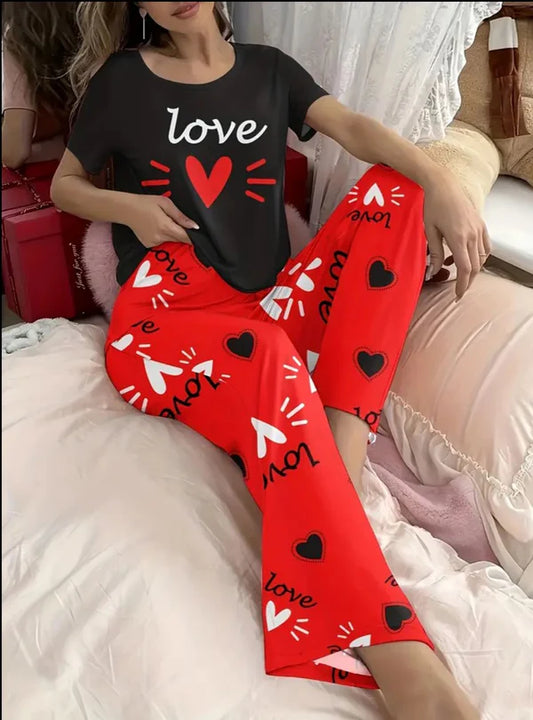 Black Love Heart Printed Half Sleeves Night Suit