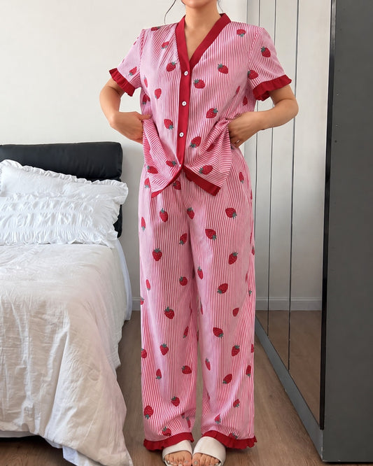 Baby Pink Strawberries with Lining Printed Half Sleeves V-Neck Button PJ Set