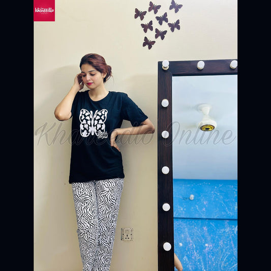 Black Butterfly Shirt With Lining Trouser Half Sleeves Printed Night Suit (KO-NS-403)