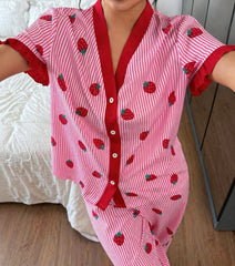 Baby Pink Strawberries with Lining Printed Half Sleeves V-Neck Button PJ Set