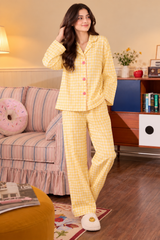 Yellow Check Printed Button Night Suit