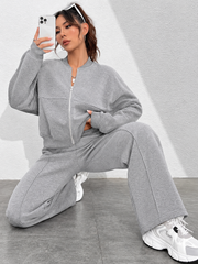 Light Grey Zipper Fleece Wide Leg Track Suit