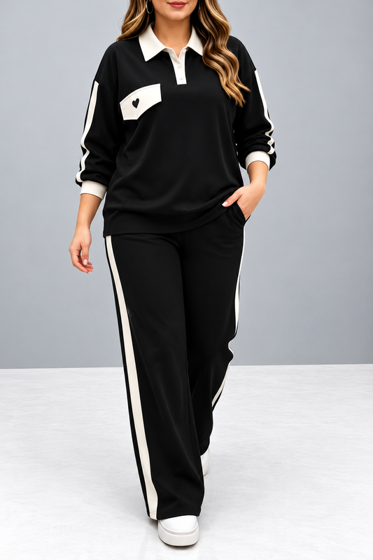 Black & White Stripe Heart Printed Collar Track Suit