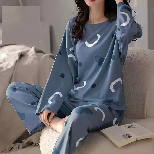 Blue Cloud Printed Full Sleeves Night Suit