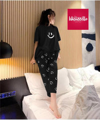 Black Smiley With Smile Trouser Half Sleeves Printed Trouser (KO-NS-494)