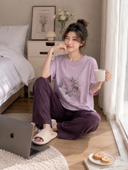 Pink Maroon Floral Girl Graphic Printed Half Sleeves Night Suit