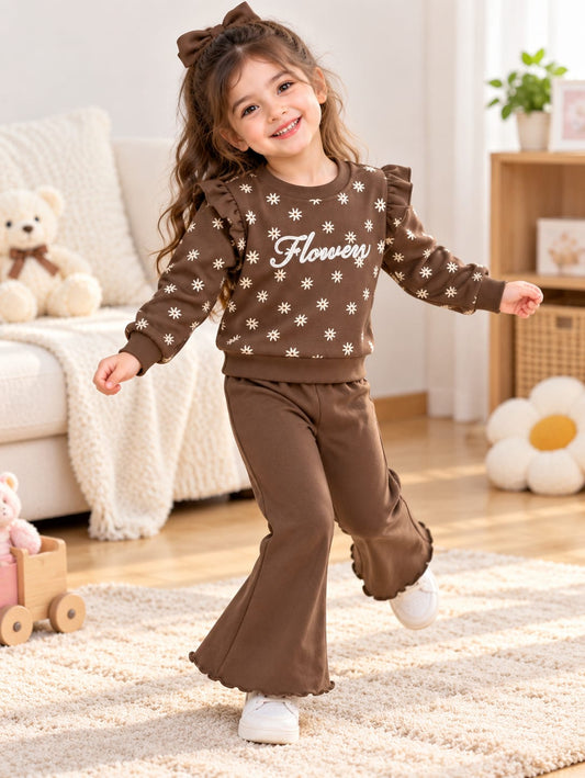 Brown Floral Bell Bottom Kids Track Suit