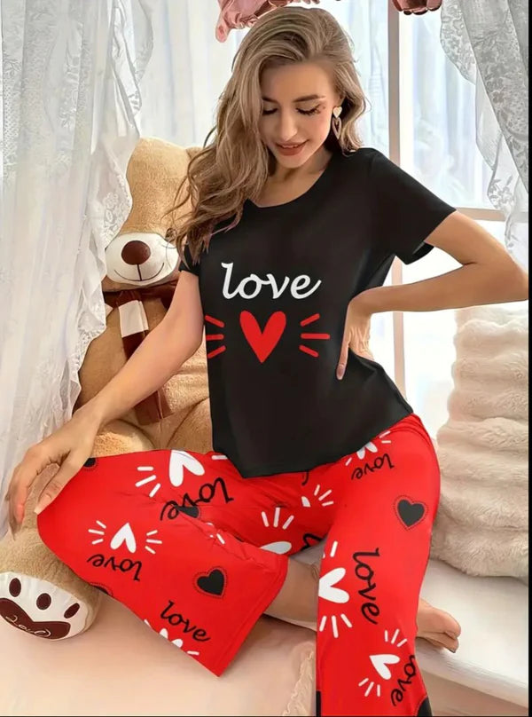 Black Love Heart Printed Half Sleeves Night Suit