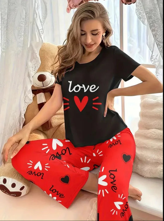 Black Love Heart Printed Half Sleeves Night Suit