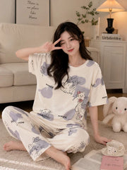 Off White Kitty Printed Half Sleeves Night Suit