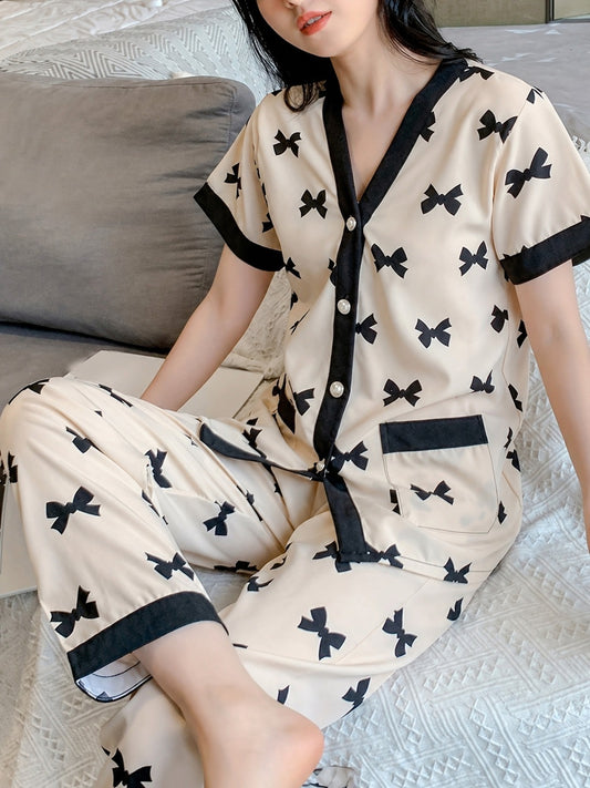 Off White with Black Midnight Bow Printed Half Sleeves V-Neck Button Pjs