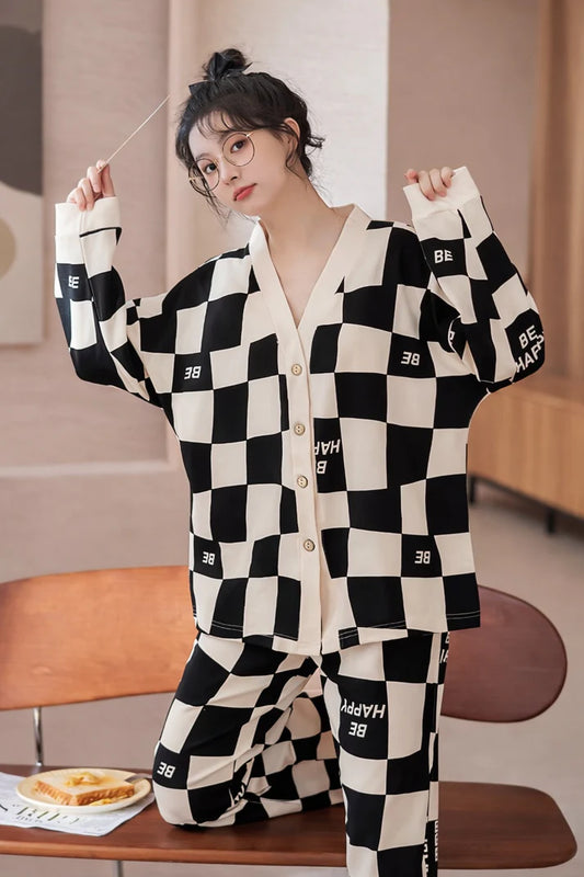 Off White with Black Check V-Neck Button Printed Pjs