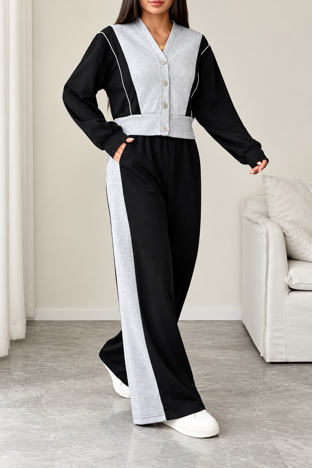Black & Grey V-Neck Button Fleece Track Suit
