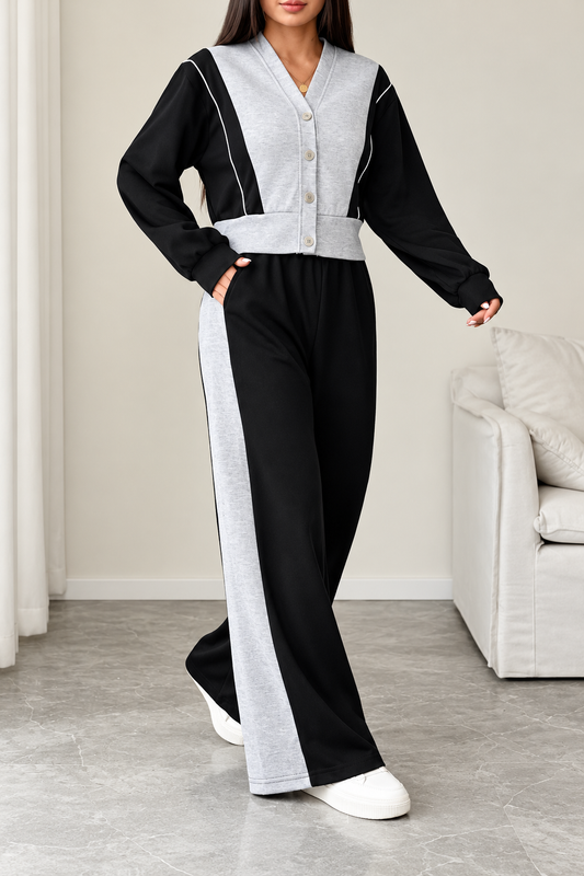 Black & Grey V-Neck Button Fleece Track Suit