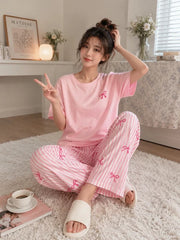 Pink Bow with Stripe Printed Half Sleeves Night Suit