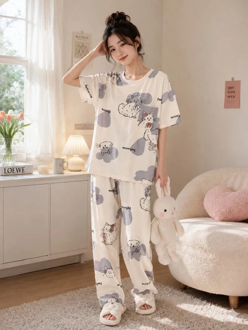 Off White Kitty Printed Half Sleeves Night Suit
