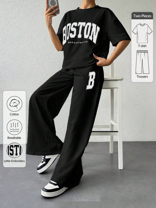 Black Boston Printed Half Sleeves T-shirt With B Printer Looss Pajama Suit