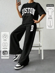 Black Boston Printed Half Sleeves T-shirt With B Printer Looss Pajama Suit