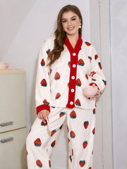 Off White With Red Strawberries Printed V Neck Button Pjs