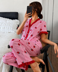 Baby Pink Strawberries with Lining Printed Half Sleeves V-Neck Button PJ Set