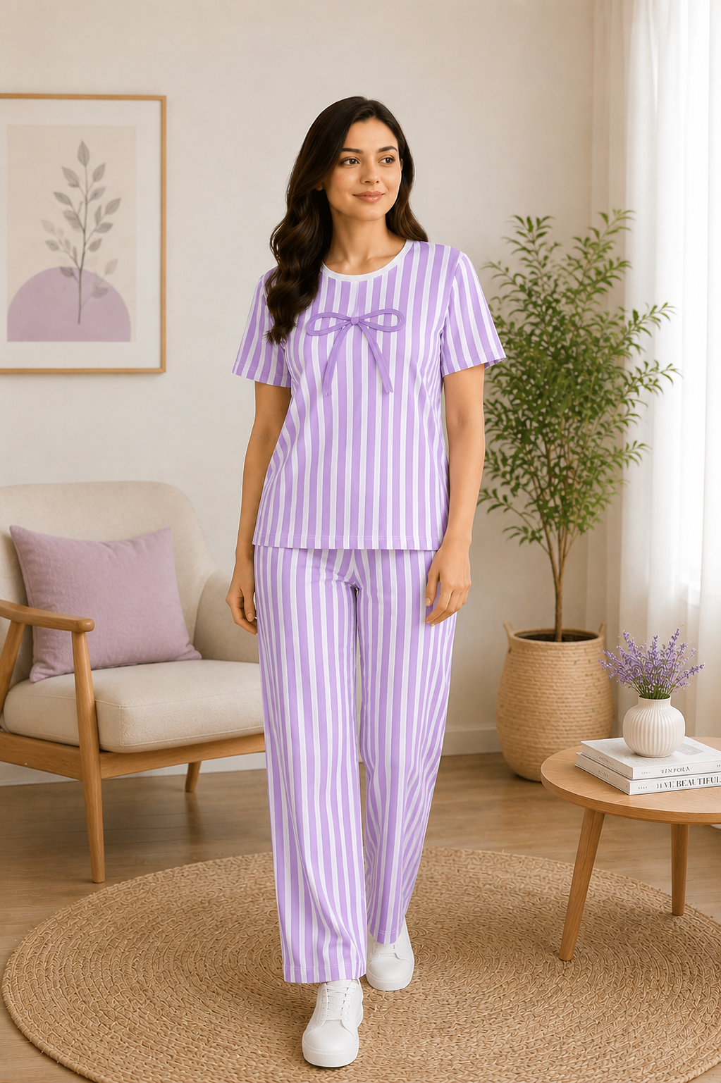 Bow Stripe Night Suit - Lilac