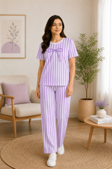 Bow Stripe Night Suit - Lilac